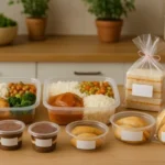 Mesa com diversos produtos prontos para venda: marmitas bem montadas, potes de doces, salgados fritos e assados, e kits embalados com etiquetas simples. Ambiente de cozinha caseira, iluminação natural, fundo desfocado e destaque para a variedade e capricho dos alimentos.