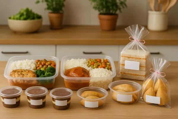 Mesa com diversos produtos prontos para venda: marmitas bem montadas, potes de doces, salgados fritos e assados, e kits embalados com etiquetas simples. Ambiente de cozinha caseira, iluminação natural, fundo desfocado e destaque para a variedade e capricho dos alimentos.
